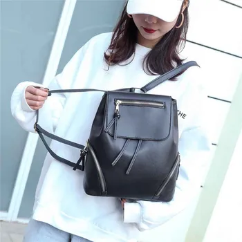 

Women's solid color simple backpack leather large capacity fashion casual shoulder bag student bag 2020 New рюкзак