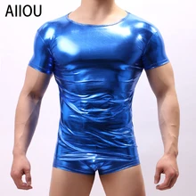 AIIOU Сексуальная искусственная кожа футболка мокрого вида стрейч гей майка латекс синяя рубашка мужская яркая короткий рукав Клубная одежда сценический костюм