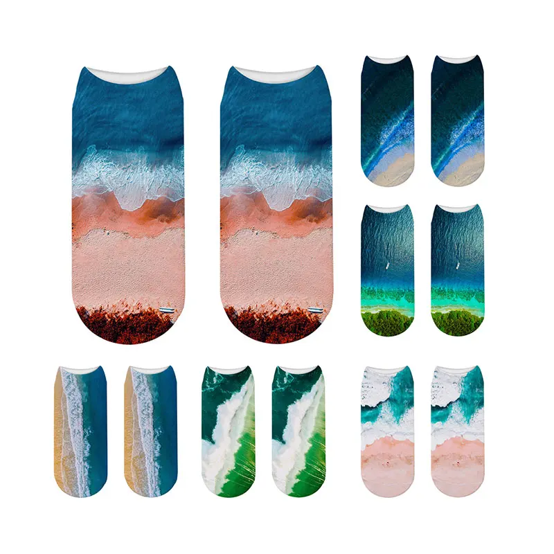 

1 pair ankle Harajuku socks combed cotton sea wave spray beach beautiful scenery novelty funny short 3D Printed socks