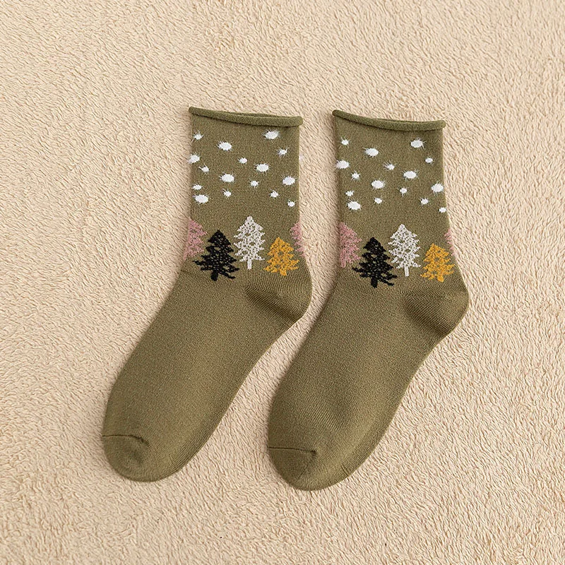 Уличная одежда, рождественские носки с героями мультфильмов, повседневные носки с перьями, подарок на год, женские теплые забавные короткие зимние удобные носки из хлопка - Цвет: green tree