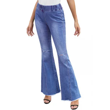 

Ladies Denim High Waist Flare Jeans Elastic Waist Bell Bottom Jeans For Women Slim Wide Leg Denim Pants Woman Hole Stretch Jeans