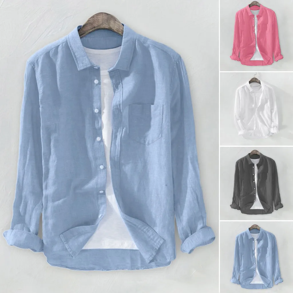 High Quality Shirts For Men Baggy Solid Cotton Linen Long Sleeve Button Pocket Plus Size Shirts camisas para hombre High Quality Shirts For Men Baggy Solid Cotton Linen Long Sleeve Button Pocket Plus Size Shirts camisas para hombre
