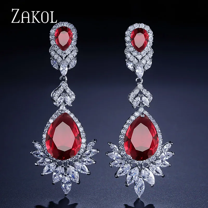 ZAKOL модная циркониевая люстра, элегантные свадебные ювелирные изделия, роскошные длинные CZ хрустальные листья, большие висячие Висячие серьги для невест FSEP021 - Окраска металла: Red