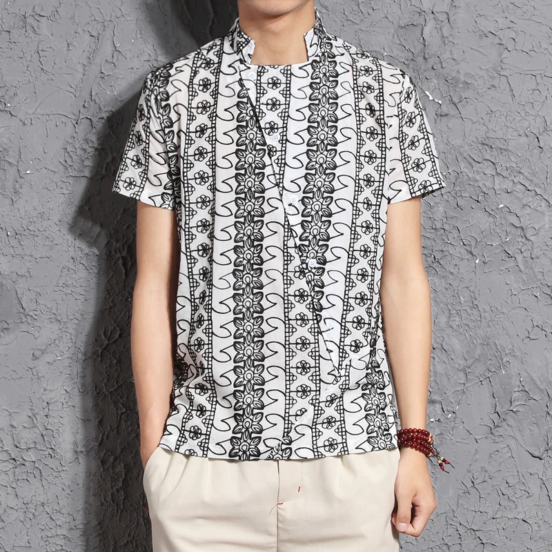 Shirt Chinese style slanting door sling collar men's short-sleeved shirt Men's cotton large flower embroidery fashion shirt
