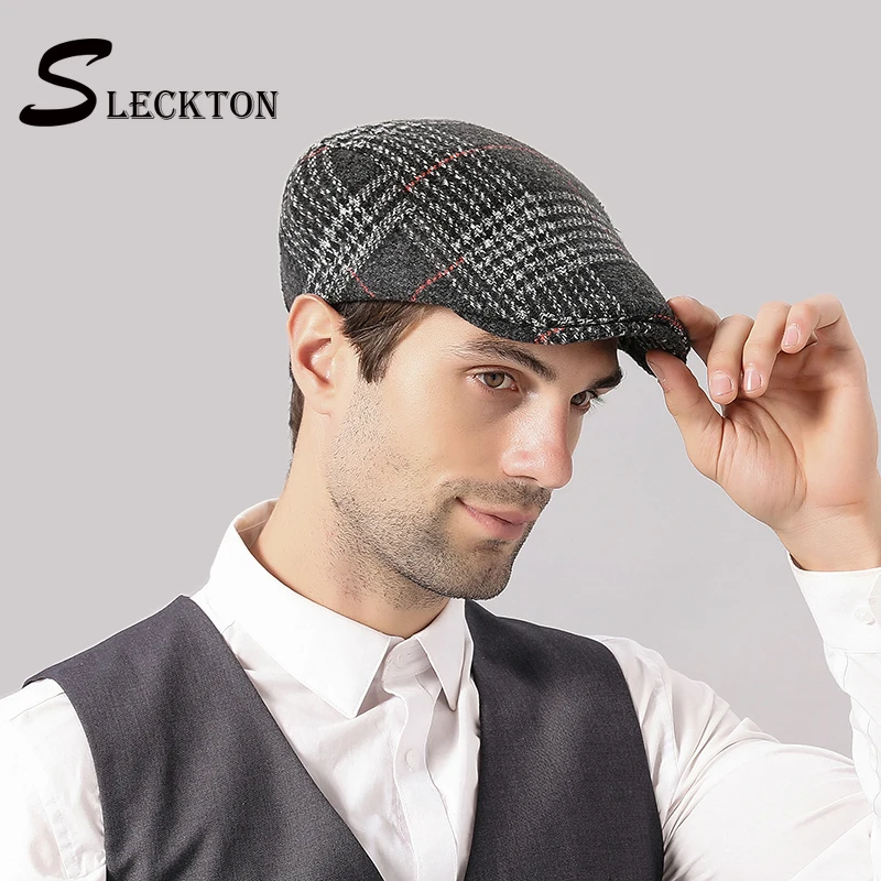 

SLECKTON Tweed Retro Beret Flat Cap Plaid Newsboy Hat Visors French Hat Baker Boy Gatsby Baseball Caps Sun Hats Fedoras Mens
