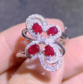

Per jewelry Natural real ruby flower ring Free shipping 925 sterling silver 3*4mm 0.35ct*4pcs gemstone Fine jewelry S9122515