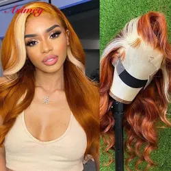 Asimey 30 32 In 613 Ginger Highlights Colored Body Wave Lace Front Human Hair Wigs Pre Plucked Brazilian Remy 13X4 Wig For Women