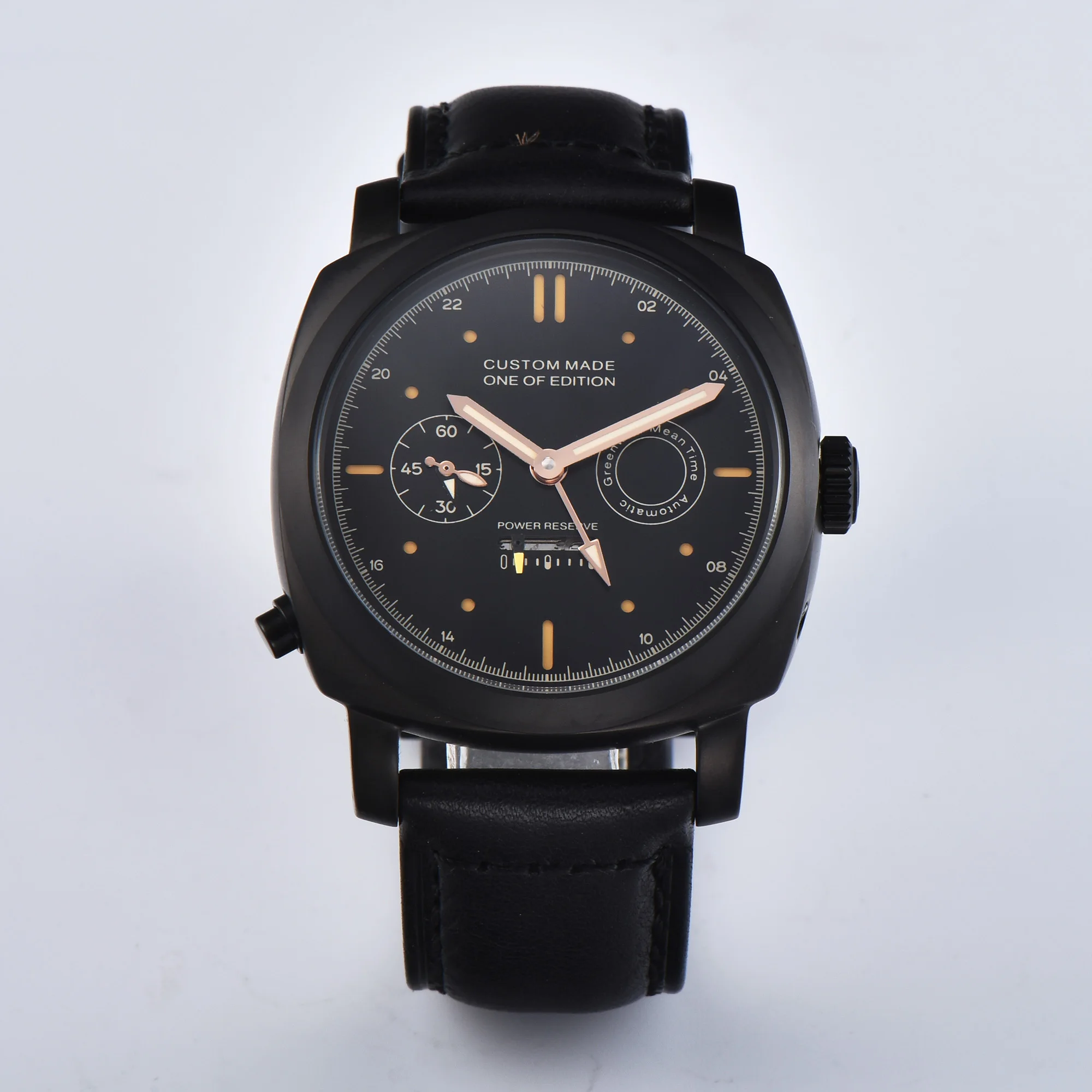 

Watch Men's automatic Movement 44MM High Mineral Glass Case Black Dial Gold Stainless Luminous Hands Steel Leather