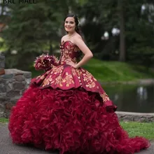 Бургундия Темно-бордовый Бальные платья милое Золотое кружево вышивка оборками Многоуровневая юбка Милая 16 маскарадные вечерние платья