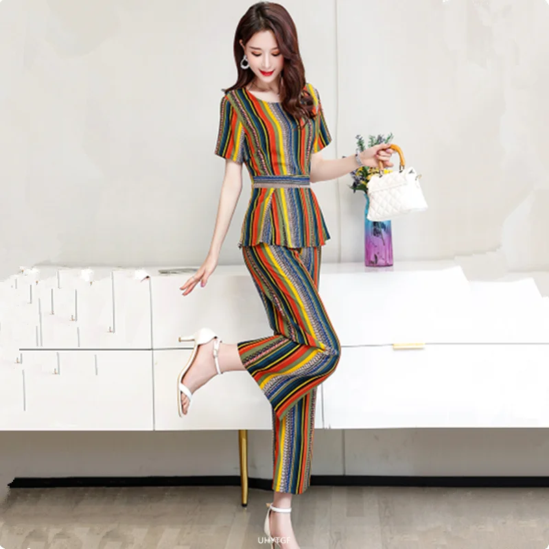 UHYTGF Cotton Silk 2 Pieces Sets Women's Summer Suit Fashion 5XL Loose Size Thin Two-Piece Sets Short Tops+Pants Tracksuit 1427