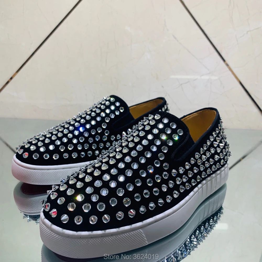 

Low Cut cl andgz Black Suede leather Big crystals Rhinestone Prom Red bottoms Sneakers Sport Shoes For Men Flat Loafers Footwear