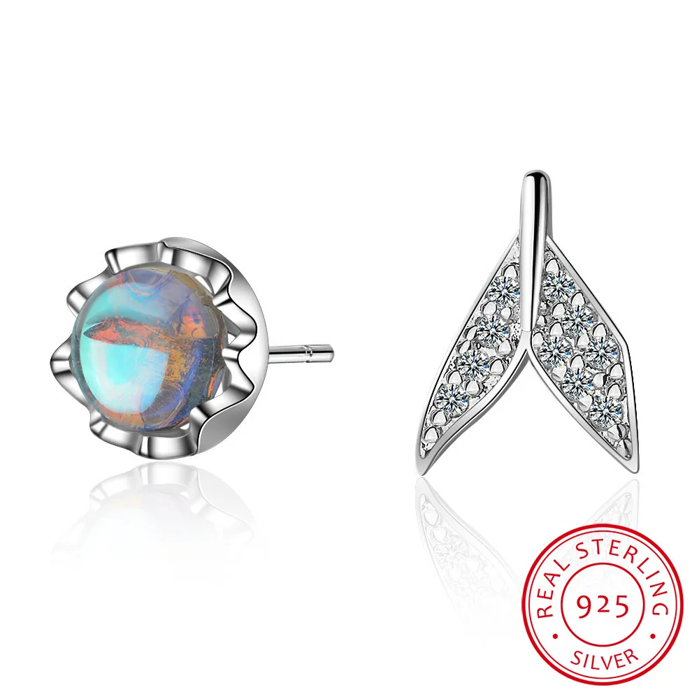 

100% 925 Sterling Silver Synthetic Glass Asymmetrical Fish Tail CZ Stud Earrings For Women Silver 925 Jewelry DA55