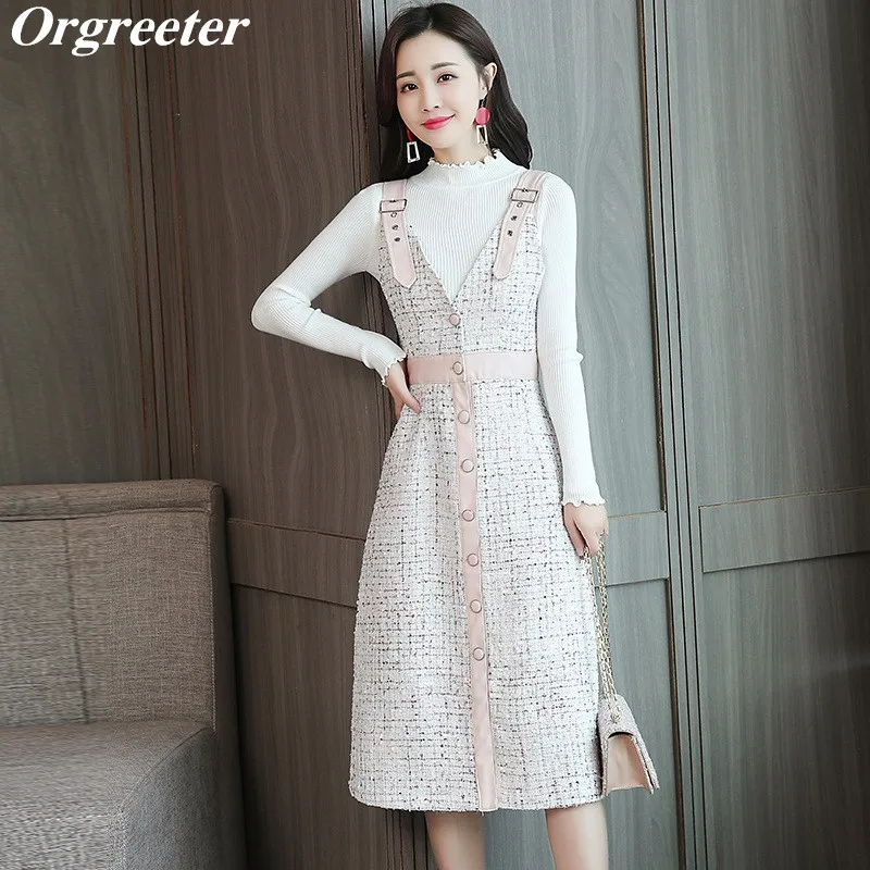 

Plus Size XXL 2019 Autumn Winter Women's Ruched Solid Sweater and Single-breasted Spaghetti strap Plaid Tweed Dress 2 Piece Set