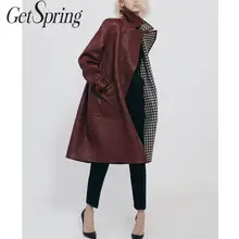 Getвесна, женский кожаный Тренч, темперамент, Ветровка из искусственной кожи, длинный рукав, клетчатая подкладка, длинные кожаные пальто, Осень-зима
