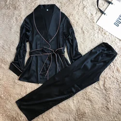 High Grade Silk Satin Women Pajama Set Long Sleeve Robe And Pants Female Autumn Bathrobe Suit Elegant Sleepwear Homewear