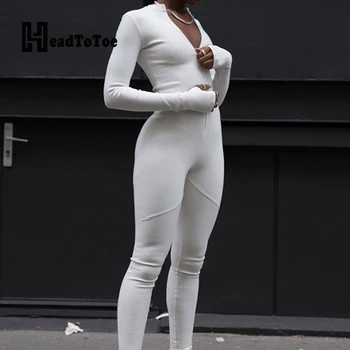

Solid Long Sleeve Zipper Front Skinny Rompers Women Jumpsuit Spring Fitness One Piece Overalls Casual Jumpsuits