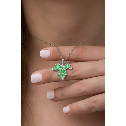 925 sterling Silver Green Enamel Sycamore Leaf Women Necklace
