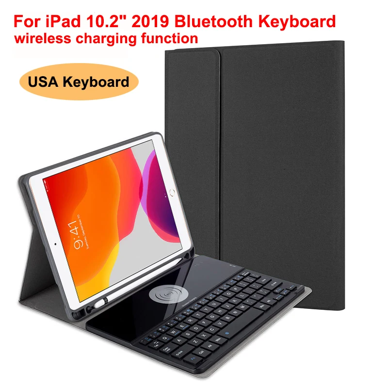 

For iPad 10.2" 2019 Removable Wireless Charging American Bluetooth Keyboard Tablet Case with Leather Cover Pen Holder