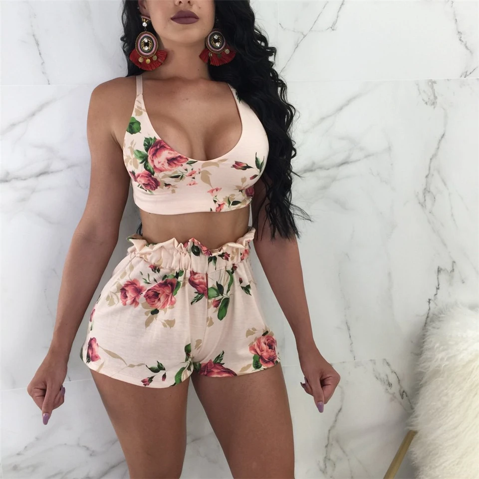 Sexy Swimsuit Two Piece Women Set 2019 Summer Floral Print Tank Crop Top and Shorts Suit Beach Female Clothing | Женская одежда