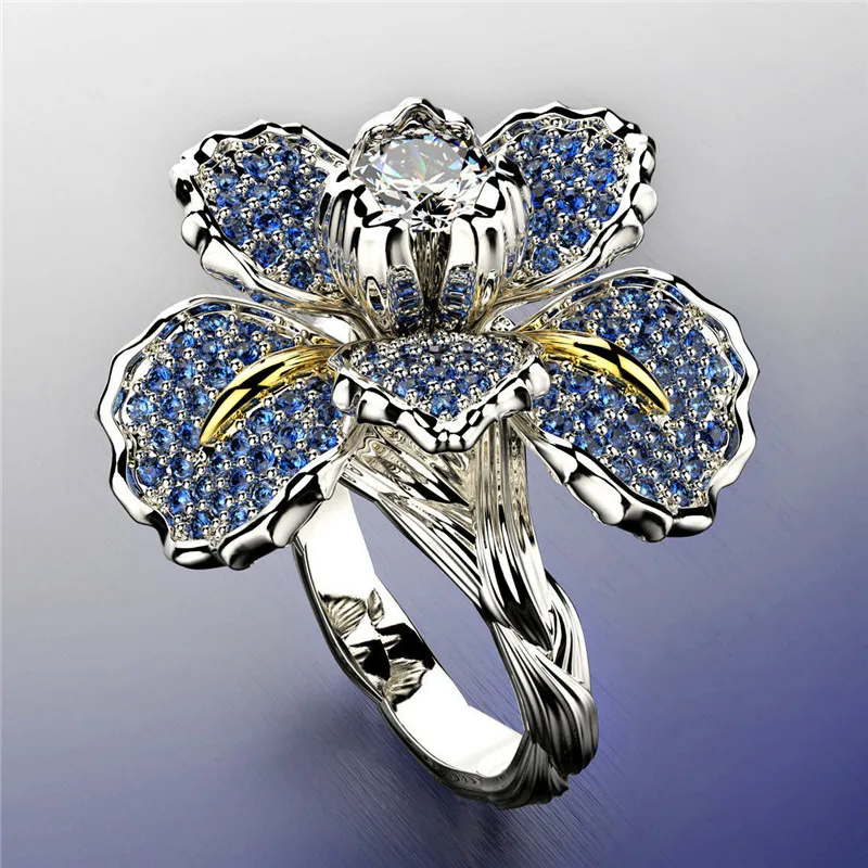 Роскошный женский большой белый синий цветок кольцо очаровательный со стразами циркон обручальное кольцо с камнем элегантные серебряные золотые свадебные кольца для женщин