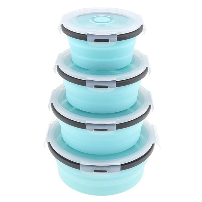

4Pcs Set Collapsible Fruit Salad Lunch Box Silicone Food Box Container Round Shape Tableware