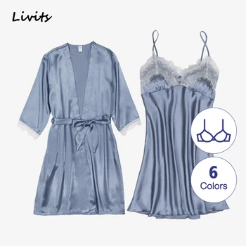 

Women's Robe Gown Sets Built-in Bra Premium Satin Silk Pajamas Pyjamas Sleepwear Nightwear Loungewear Lace Sexy For Female