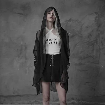 

PUNK RAVE Women's Minimalist Chiffon Coat With Big Wizard Hat ligh Elegant Irregular Long Sleeve Hooded Jackets
