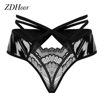 

Women New Sexy Patent Leather Sheer Lace Patchwork Underwear Lingerie Low Rise Crotchless Open Butt Cheeky Hipster Briefs Pantie