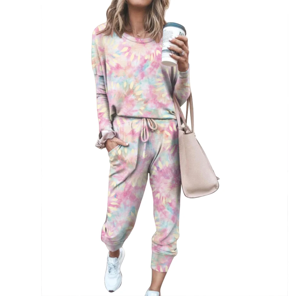 

Women Casual 2 Piece Outfits Fashion Print Long Sleeve Crewneck Pullover + Drawstring Pants Set Tracksuit