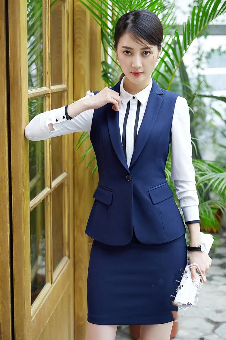 Элегантные Брючные костюмы для женщин, офисная, деловая, Рабочая форма, 2 предмета, жилет, брюки, набор, осень размера плюс, пиджак, костюм для женщин - Цвет: skirt vest blue