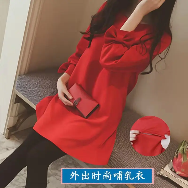

Maternity Clothes Spring And Autumn Loose Tops Mid-length-Nursing Dress-Style Bow