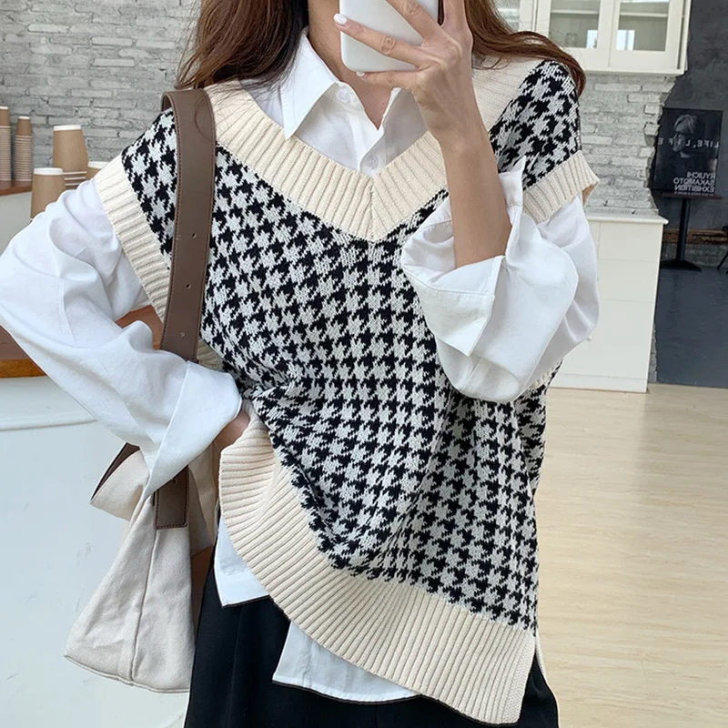 

Women Girls Autumn V Neck Waistcoat Black White Houndstooth Vest Warm Pullover Loose Sweaters Knitted Sleeveless Jacket Chic
