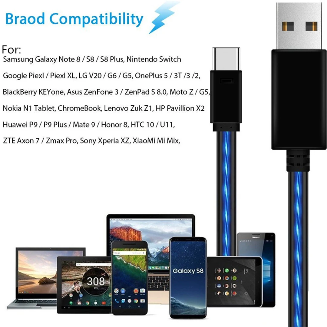 Светодиодный зарядный кабель USB type C/Micro USB/8PIN для samsung S10 S9, Автоматическое отключение питания, умный защитный яркий шнур
