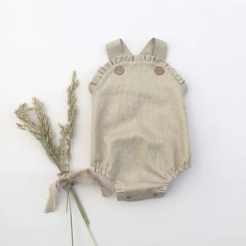 

Cute Baby Girl Ruffle Linen Bodysuit Baby Fashion Strap Bodysuits New Born Girls Fashion Clothes Linen Onesie Quality Soft