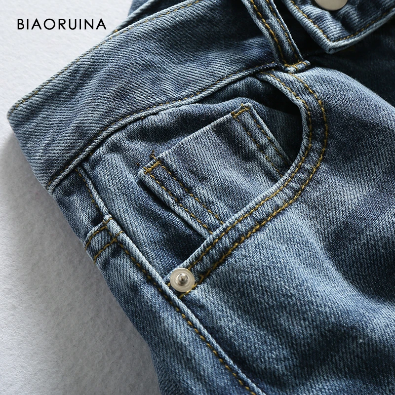 BIAORUINA, женские джинсы, подходят ко всему, Выбеленные, с высокой талией, с двумя пуговицами, женские модные прямые джинсы, Новое поступление