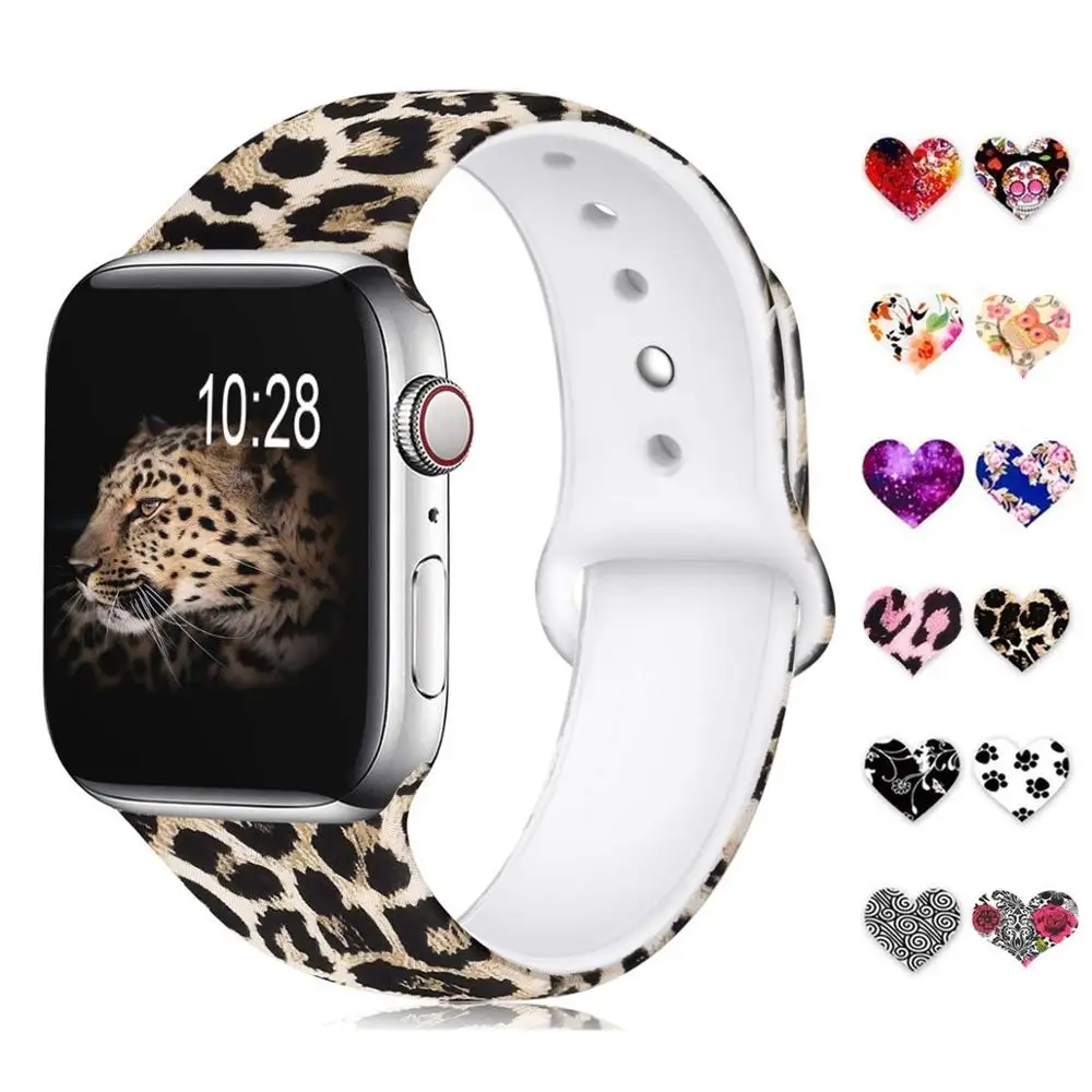 Ленты с цветами для Apple Watch 38 мм 40 42 44 Леопардовый силиконовый ремешок iWatch Series 5 4 3 2 |
