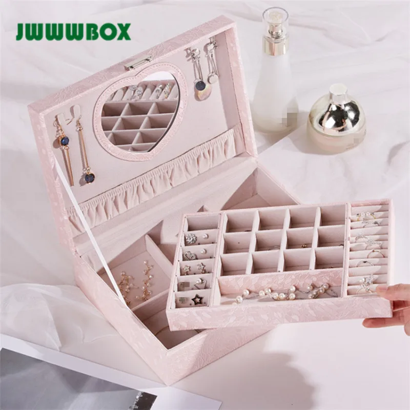 JWWWBOX Корейская женская коробка ювелирных изделий с зеркалом многослойные