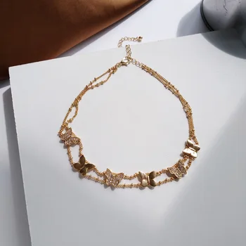 

South Korea Simple Elegant Double Layer Necklace Beautiful Butterfly Diamond Set Necklace Summer New Style Adjustable Choker 107