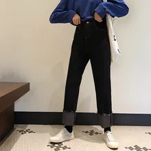 S-L осень в Корейском стиле, женские джинсы черные из денима женские высокого качества с эластичной резинкой на талии, Джинсы бойфренда roll up джинсы Женщины(F6356