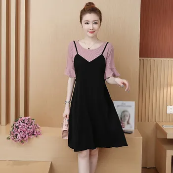 

Black Casual Women Party Dress Female Short Sleeve Vextidos Clothes Fashion Fake Two Pieces Dresses
