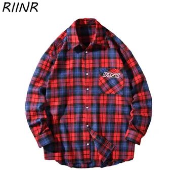 

Riinr Spring Plaid Print Long Sleeve Shirt Men's Casual Korean Loose Plus Size Shirt Coat M-5XL