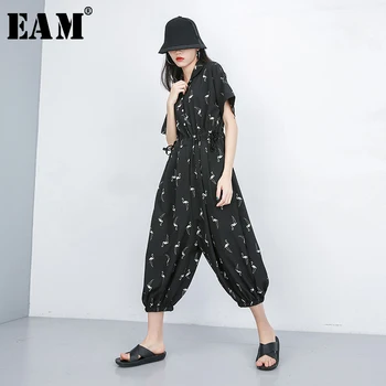 

[EAM] 2020 New Spring Summer High Waist Pocket Stitch Pattern Printed Big Size Loose Pants Women Jumpsuit Fashion Tide JS950