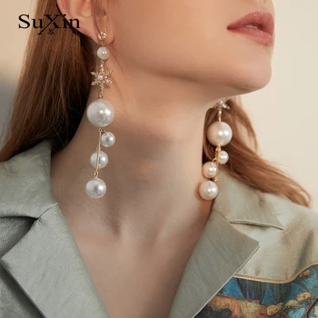

SuXin earrings 2020 new simple tassel earrings for women long artificial pearl pendant earring jewelry gift