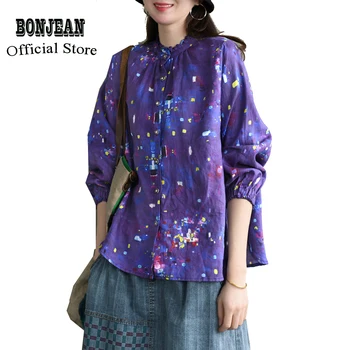 

Womens Cotton Linen Shirt Blouse Tops Big Loose Print Ruffled Neck Retro Vintage Casual for Summer Spring AZ30431326