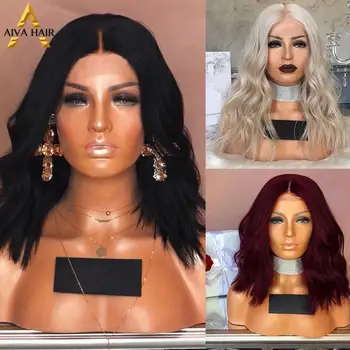 

Aiva Hair Purple Black Bob Wig Heat Resistant Short Wavy Synthetic Lace Front Wig High Density Bug Cosplay Wigs For Black Women