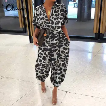 

Celmia 2020 Summer Leopard Print Jumpsuits Women Casual Short Sleeve V-Neck Sexy Rompers Ladies Streetwear Playsuits Overalls
