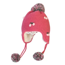 Новые зимние детские шапочки для девочек и мальчиков, шапки с плюшевыми шариками, дизайнерская Повседневная плотная шапка с принтом вишни для малышей