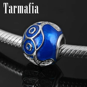 

Blue Enamel with Clear CZ Crystal 925 Sterling Sivler Hand of Fatima Round Beads Fine Jewelry Making Fit Pandora Bracelets DIY