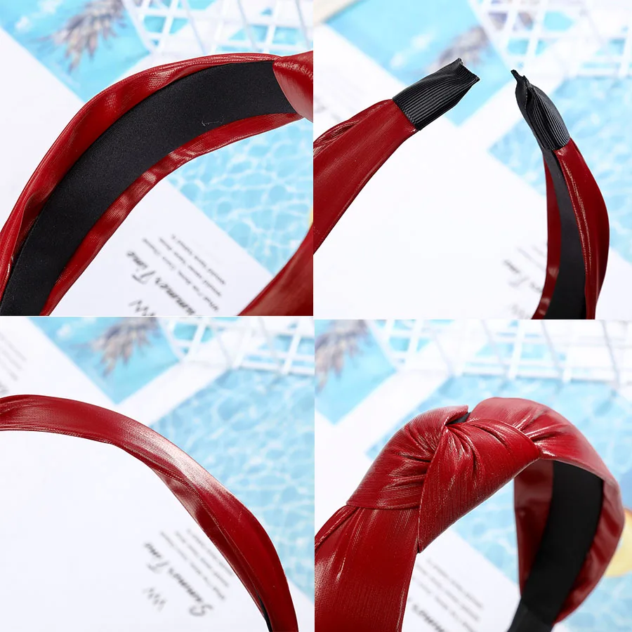 Haimeikang, женские ободки для волос, модные, искусственная кожа, завязывается на голову, обруч, сплошной цвет, с широкими полями, блестящие аксессуары для волос