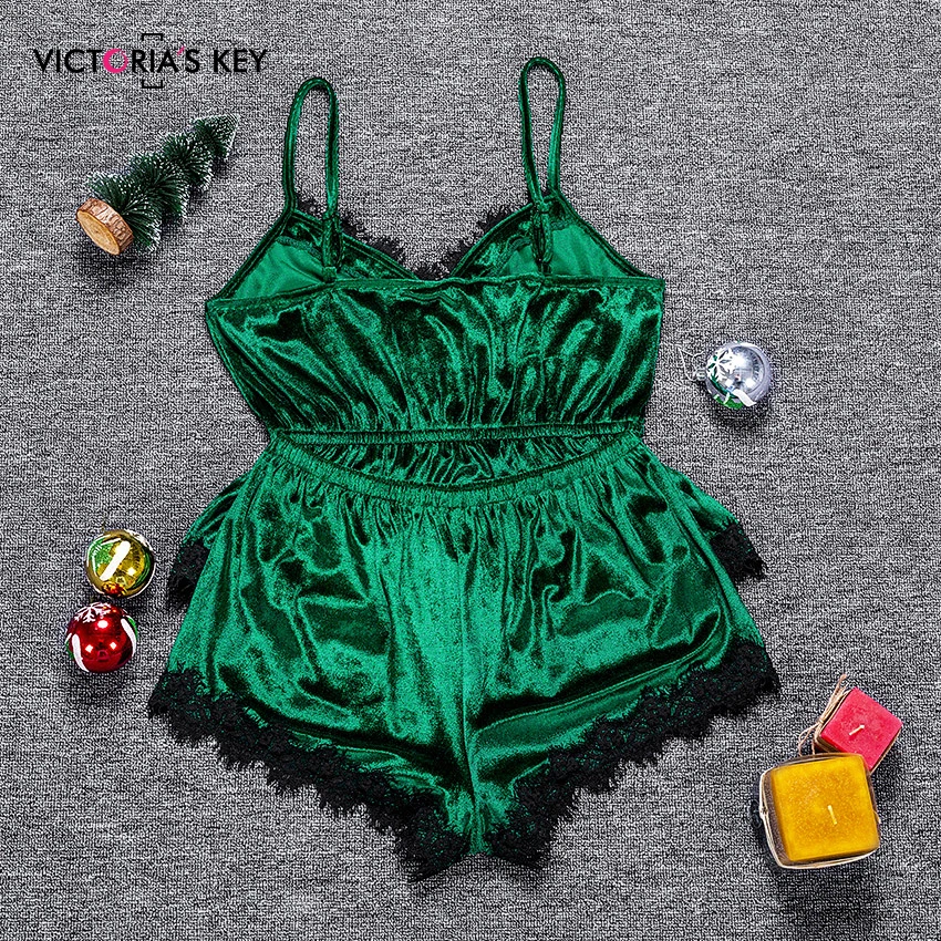 Викторианский ключ, зеленые бархатные Топики, кружевные шорты, женские привлекательные пижамные комплекты, женская одежда для сна, ночная рубашка, Осень-зима, пижамный комплект, новинка